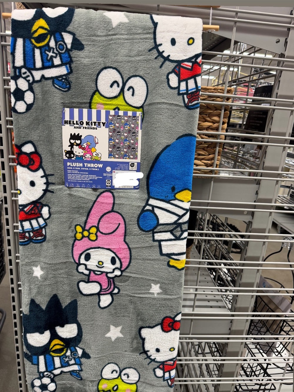 Hello Kitty Gray Plush Throw Blanket with Pink, Blue, Yellow Accents